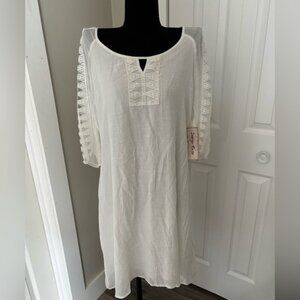 Indigo Rose White Gauzy Dress Open Crochet Sleeves Front Crochet Accent Large